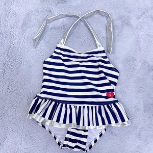Kiko & Max Striped Ruffled One Piece Swimsuit Blue White Silver Baby Girl 12M